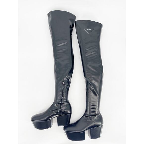 Prada Black Stretch Leather Padded Logo Over the Knee 70mm Platform Boot IT 37 - Picture 7 of 16